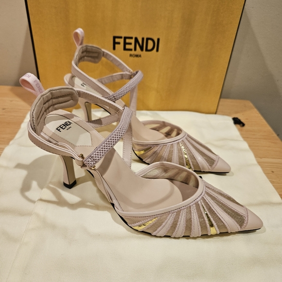 Fendi Leather And Mesh High-heeled Slingbacks In Nude/gold - Picture 7 of 11